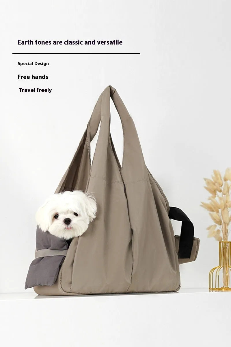 Apricot cloth pet summer breathable handbag carrier measuring 41cm by 16cm by 28cm