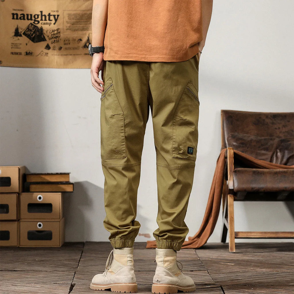 Men's cotton harem pants with tapered ankle bands in khaki, peacock green, coffee, or black colours
