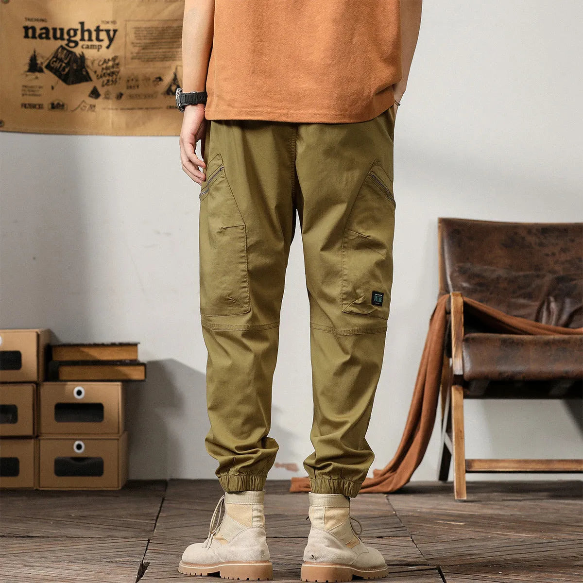 Men's cotton harem pants with tapered ankle bands in khaki, peacock green, coffee, or black colours