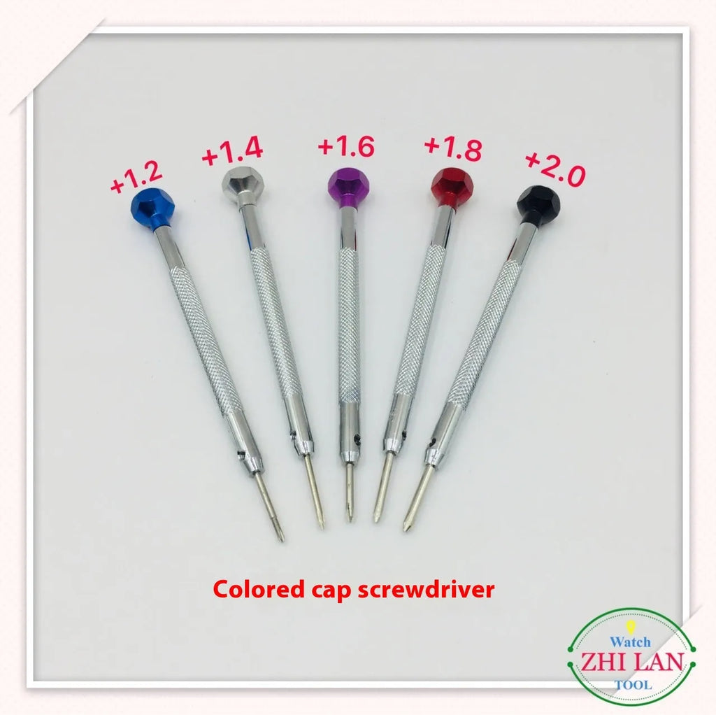 Six piece watch repair screwdriver set with copper handles and colour coded aluminium accents for children's watch maintenance
