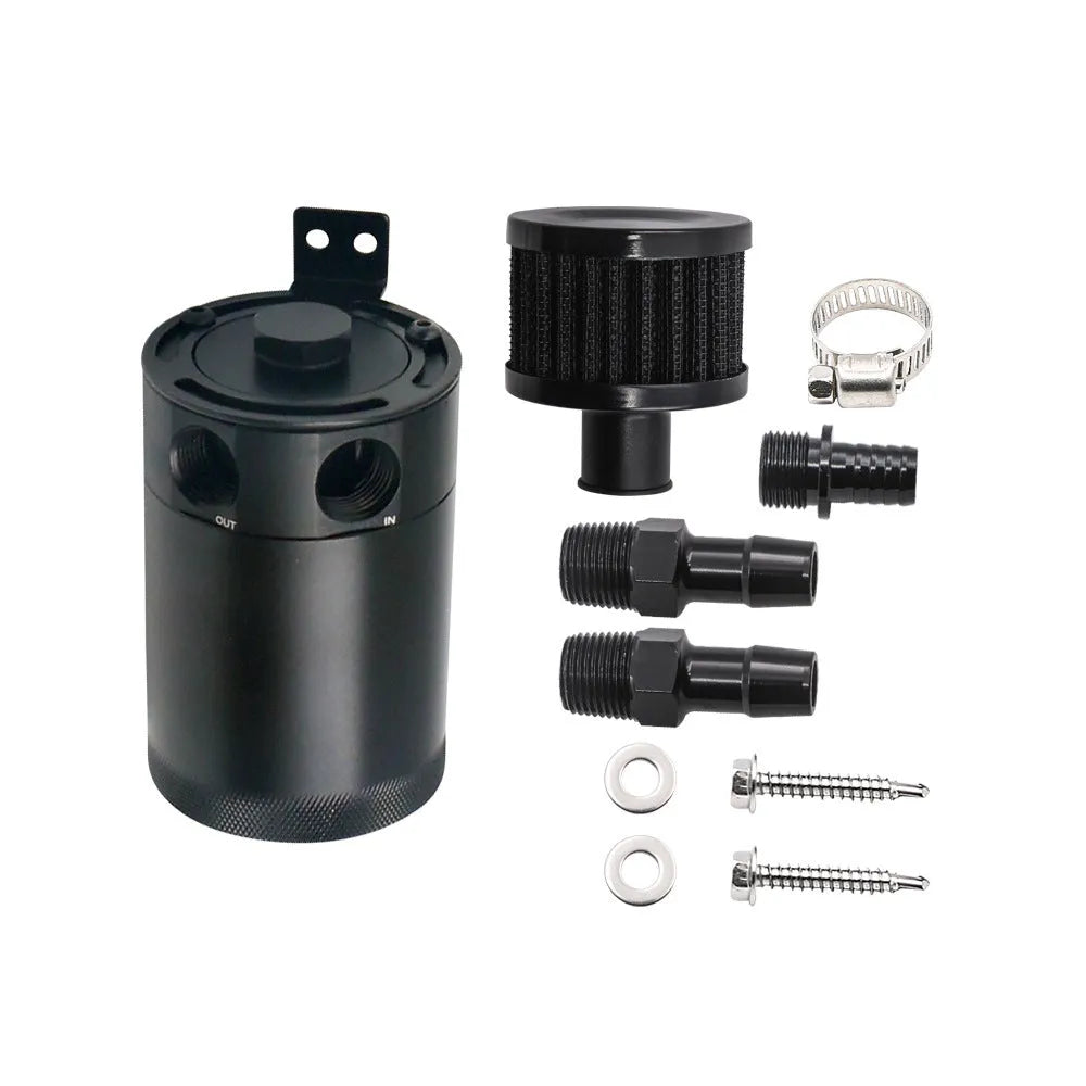 Black aluminium automotive oil pot with two connector holes and optional drain valve