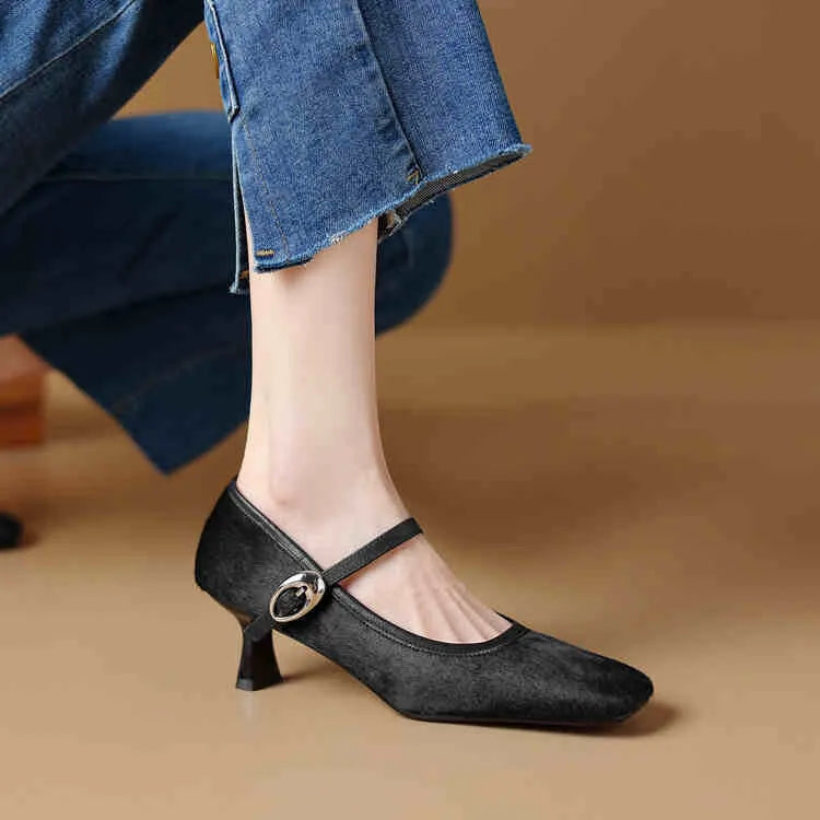Women's black square toe stiletto ankle-strap heels with horse hair upper