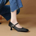 Women's black square toe stiletto ankle-strap heels with horse hair upper