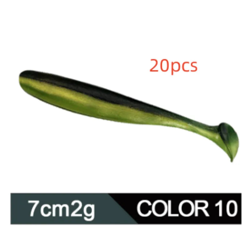 Soft plastic T-tail fishing lure in two-tone mandarin fish pattern, 7cm long.