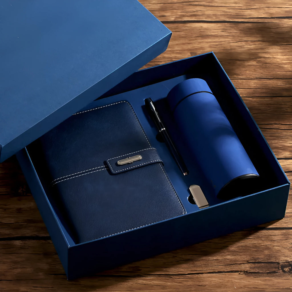 Custom A5 notebook with imitation leather cover in Business Black showing wood-free paper interior pages