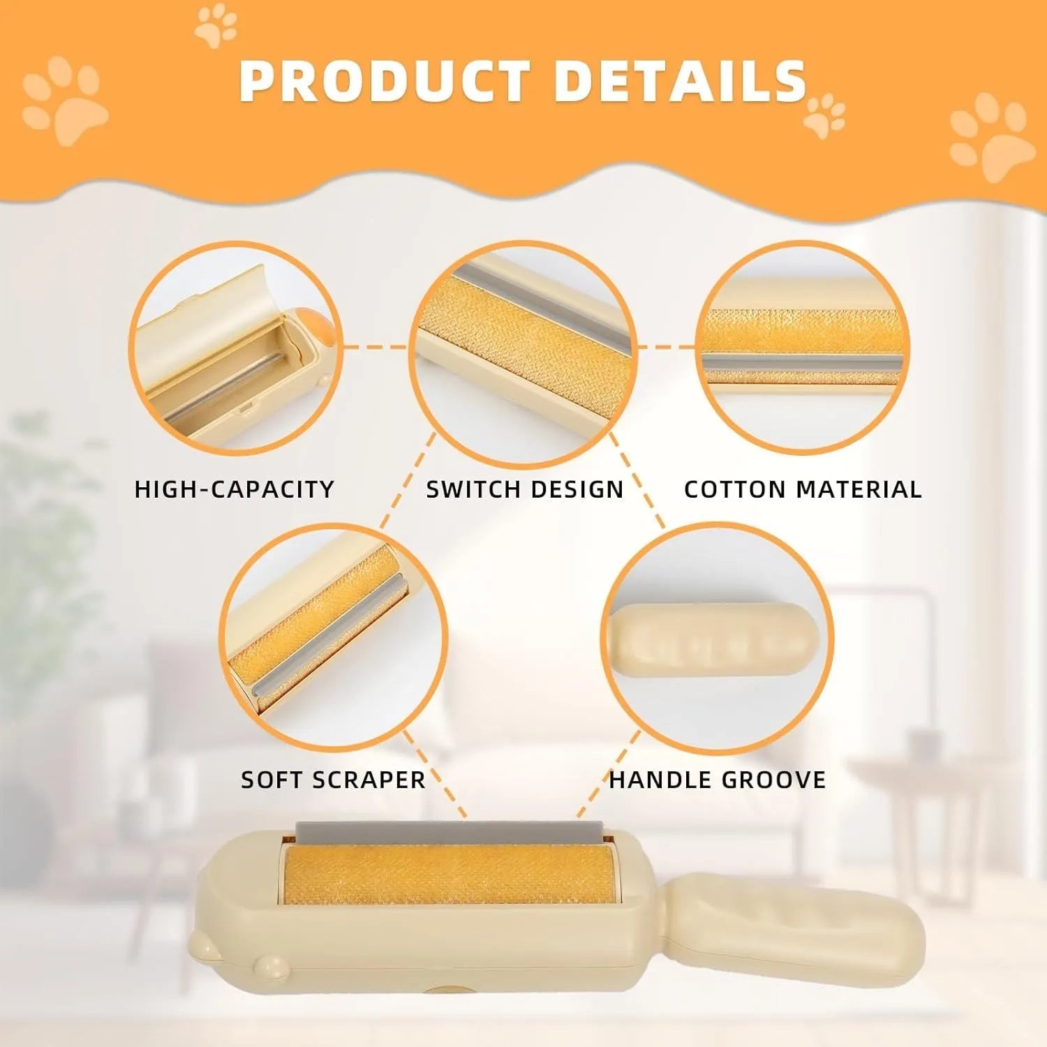 Blue pet hair remover roller with self-cleaning base on a fabric sofa.
