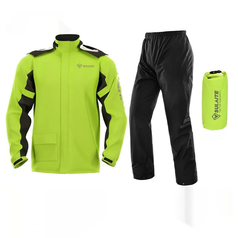 Adult motorcycle rain suit set with raincoat, rain pants, hidden shoe covers, and storage bag