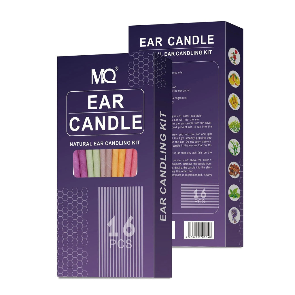 Ear candle therapy set showing cotton cloth candles, protection boards and cotton swabs in multiple colours