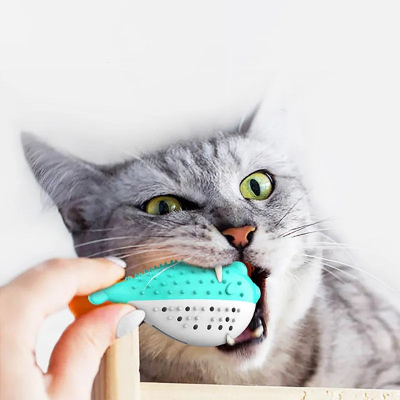 Mint Toys blue silicone fish-shaped cat chew toy and teaser on a white background.