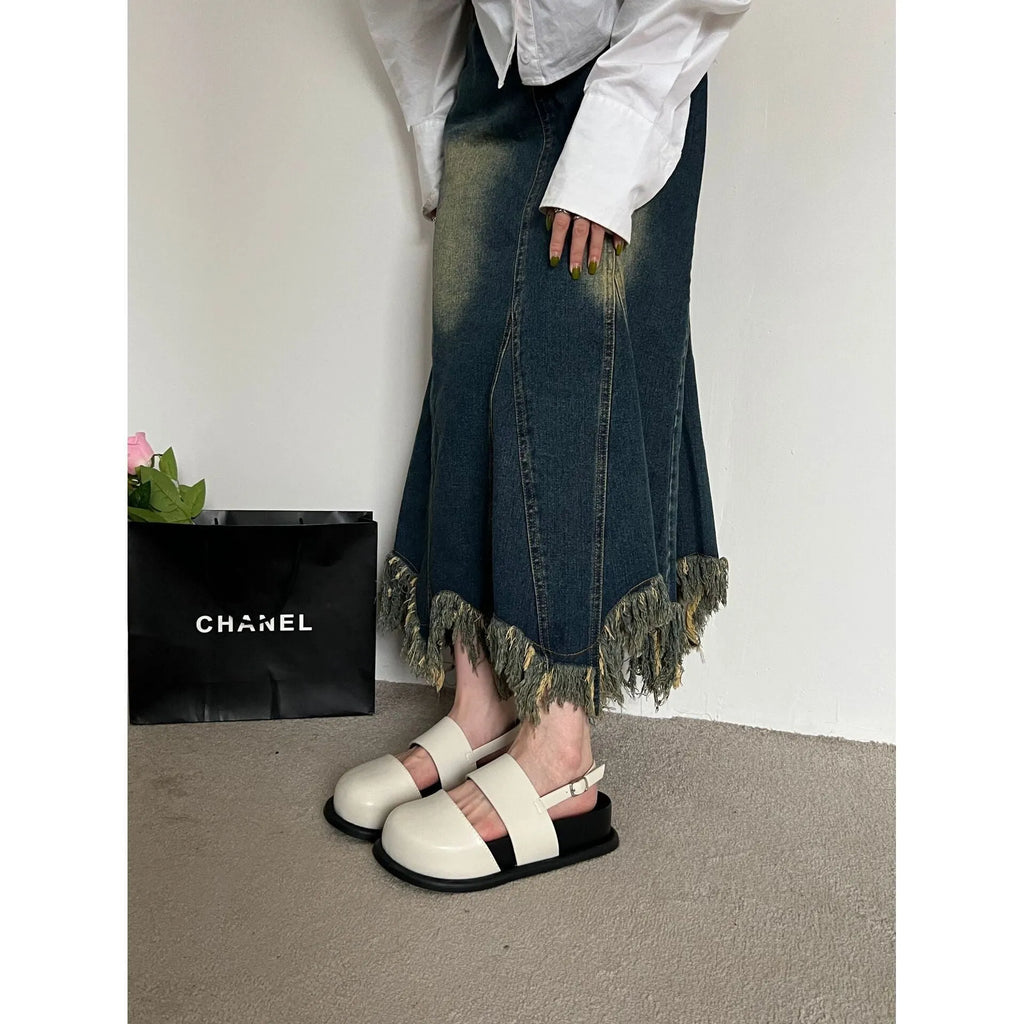Retro raise the bottom closed toe sandals with ankle-strap buckle in apricot colour