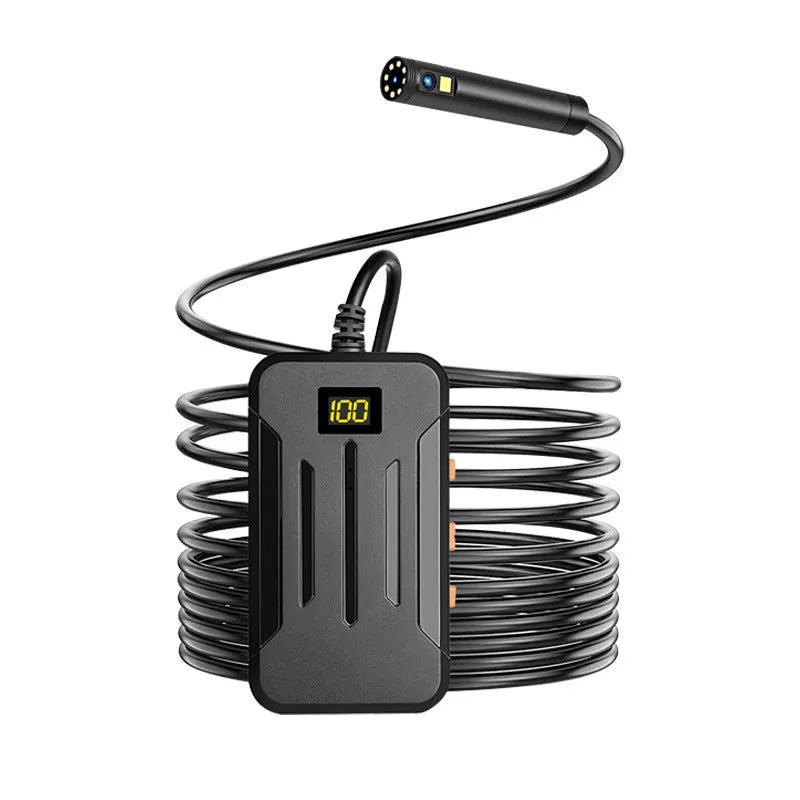 F300 wireless dual lens endoscope with IP68 waterproof probe, magnet, and hook accessories on a table