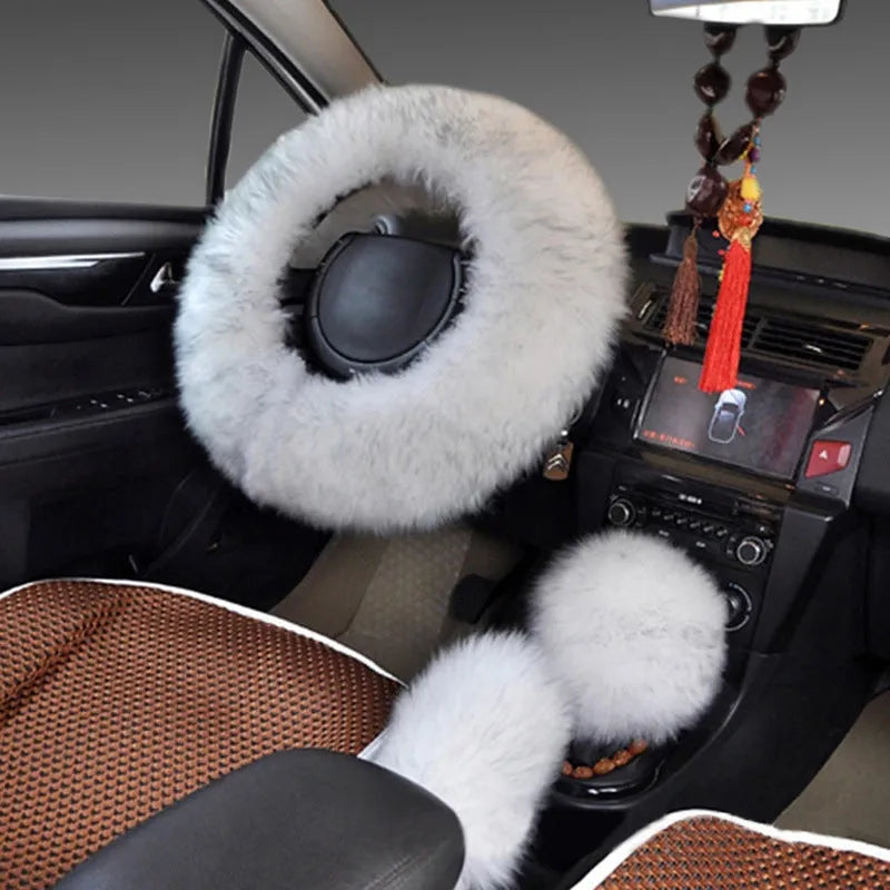 Wool steering wheel cover and handle covers three-piece set in multiple colour options for 38cm diameter wheels
