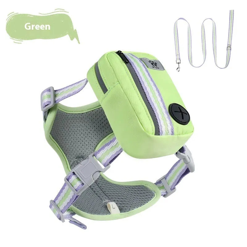 Explosion-proof anti-strangulation pet harness in green colour with adjustable chest design and attached holding rope