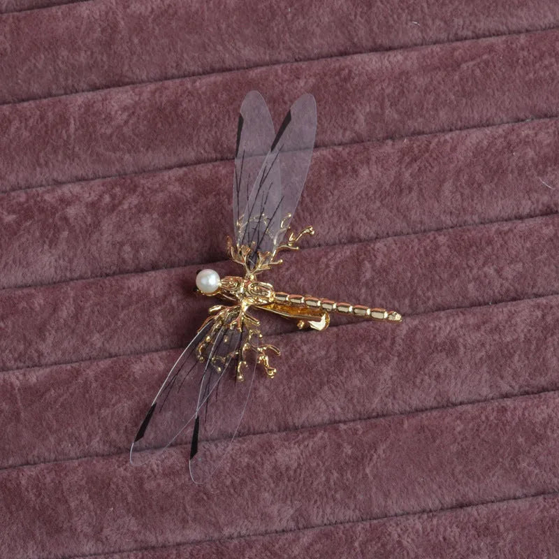 Golden dragonfly side clip headdress for women with alloy construction and electroplated finish