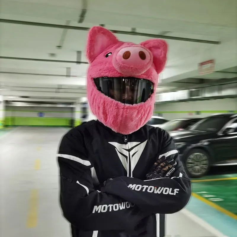 Cartoon design plush protective hood for motorcycle helmets in pink pig colour