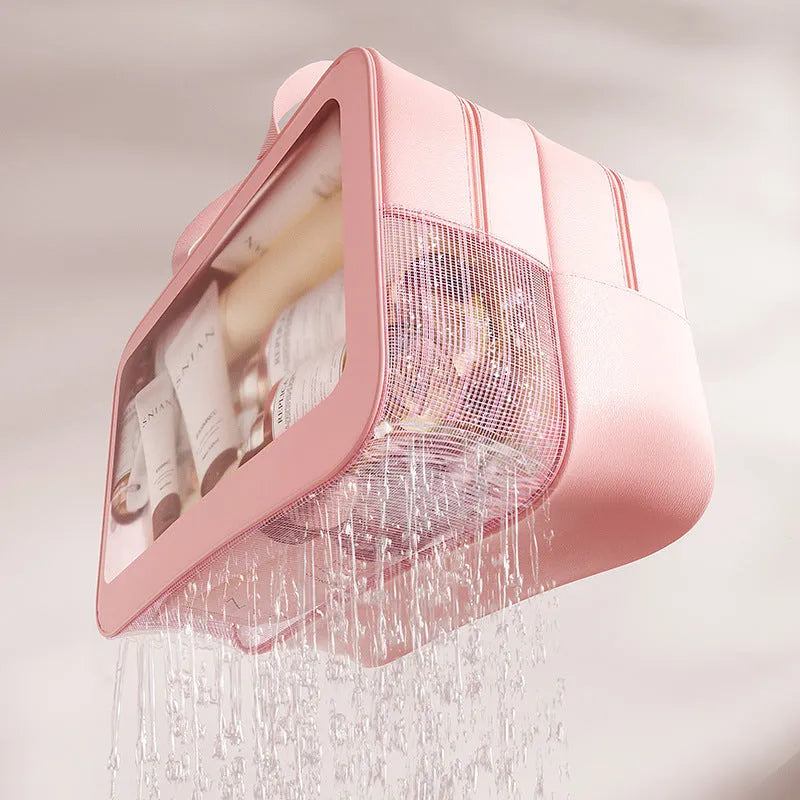 Portable dry wet separation washing and makeup bag in PU PVC with large capacity, available in black medium size.
