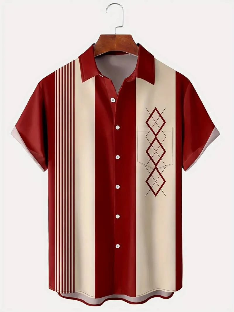 Man wearing a loose fit plaid short sleeve shirt with a lapel collar in a cardigan style.
