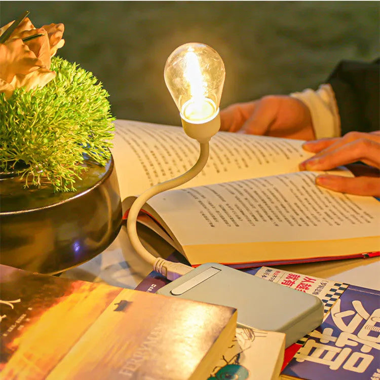 USB rechargeable folding night light with tungsten LED bulb in folded and unfolded positions