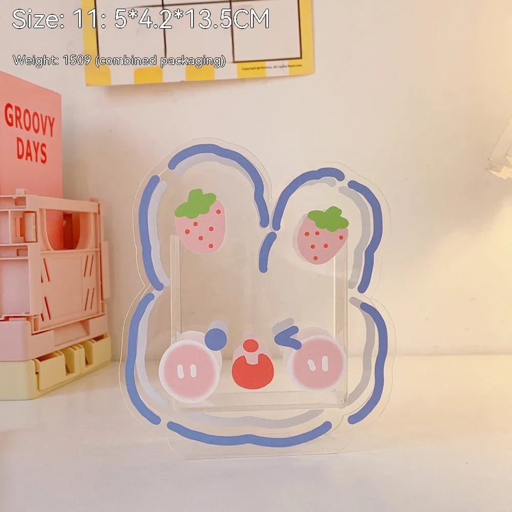 Clear square acrylic storage box with colourful graphic design for desk organisation