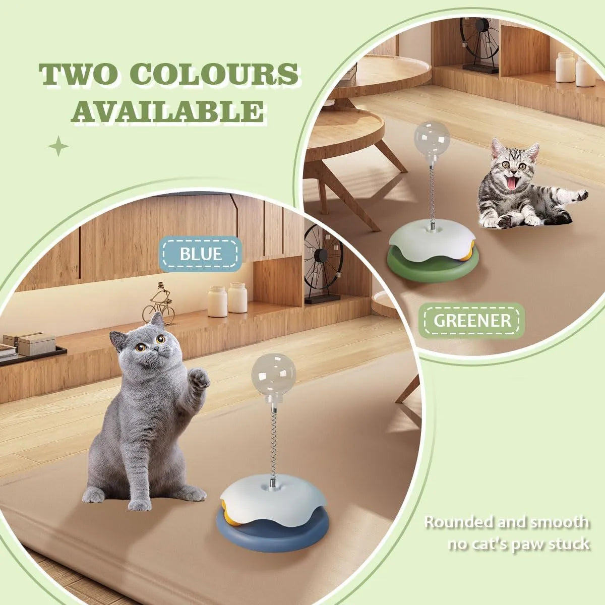 Blue or green PP plastic cat treat dispenser toy with a built-in track ball on a flat surface.
