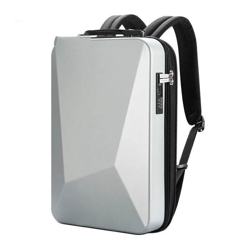 Black hard shell PC gaming backpack with lock opening and double shoulder straps
