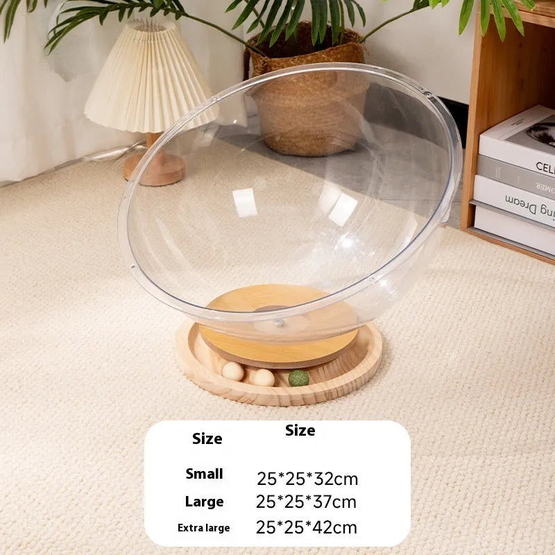 Transparent acrylic cat space capsule bed with enclosed design.