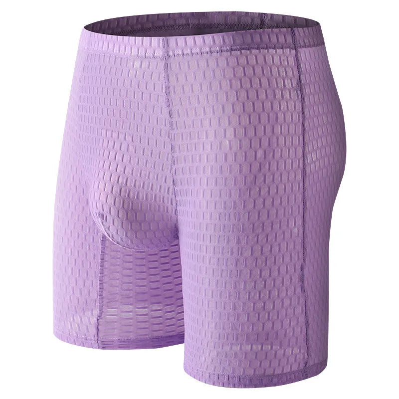 Men's solid colour lace boxer shorts on a white background, showing the textured fabric and hip-lifting shape.