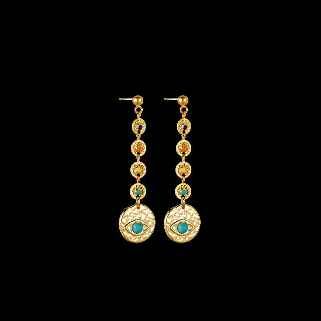 Geometric stainless steel earrings showing eight awn star, eye, and shell sun design variations