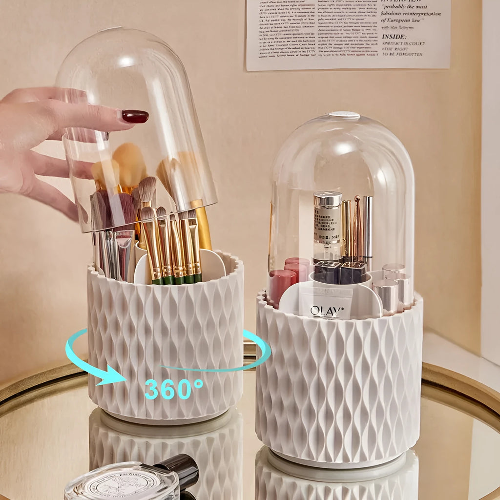 White rotating transparent acrylic makeup brush storage holder with dustproof lid on desktop