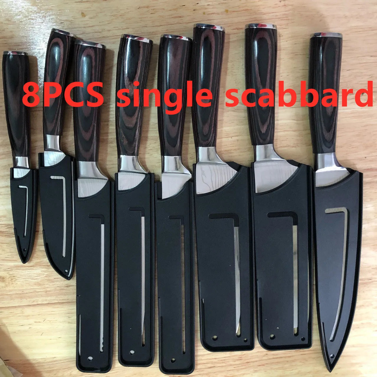 Chef knife with laser Damascus pattern blade, colour steel handle, showing 18cm blade length