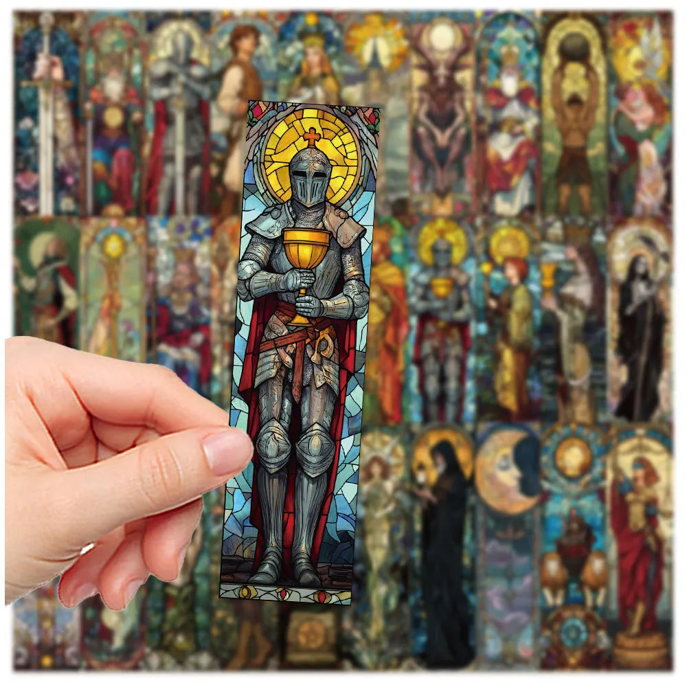 Set of thirty painted glass tarot design bookmarks in a cute homemade style on paper.