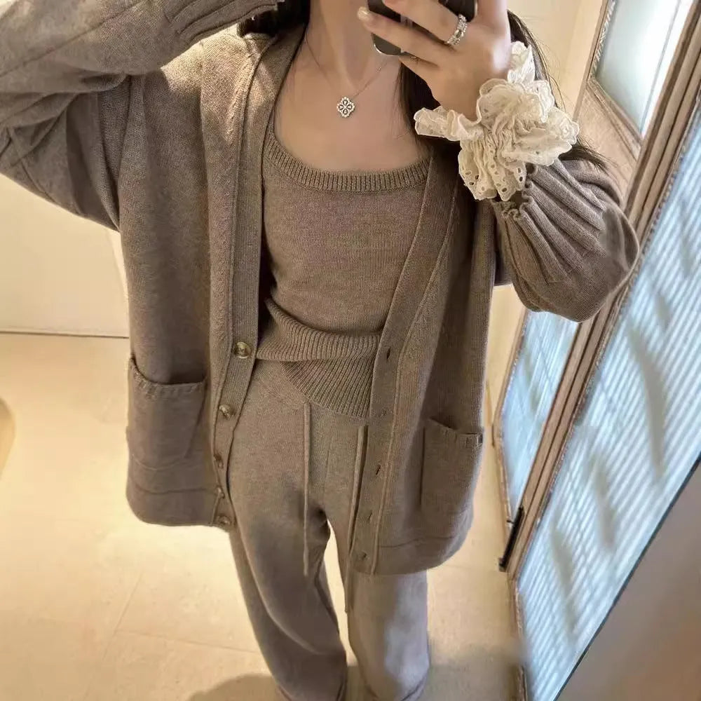 Women's knit cardigan vest suspender pants three-piece set in Japanese Korean casual style