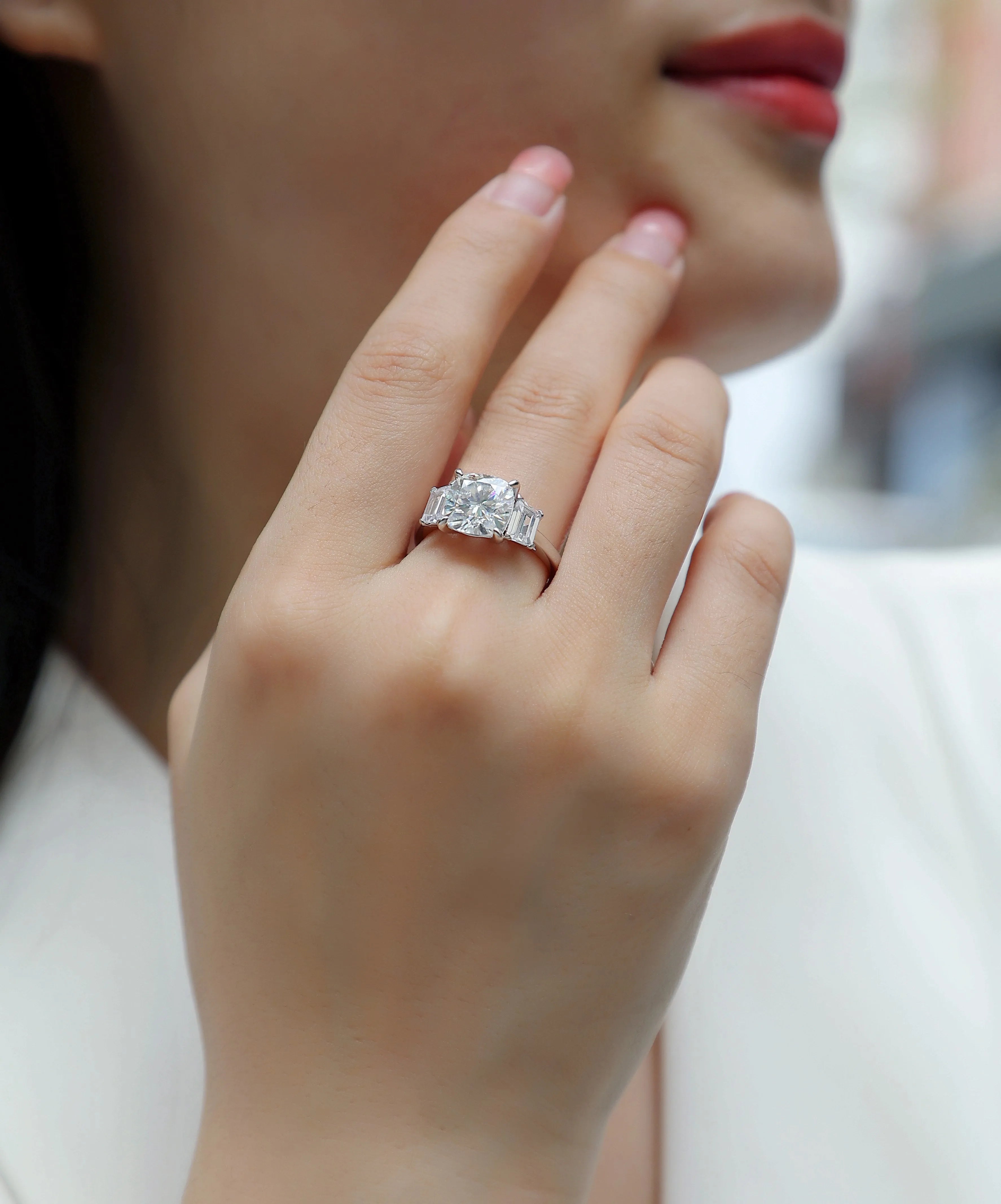 Moissanite wedding ring set with square cut 9x9 stone in platinum-plated S925 silver, gift box packaging