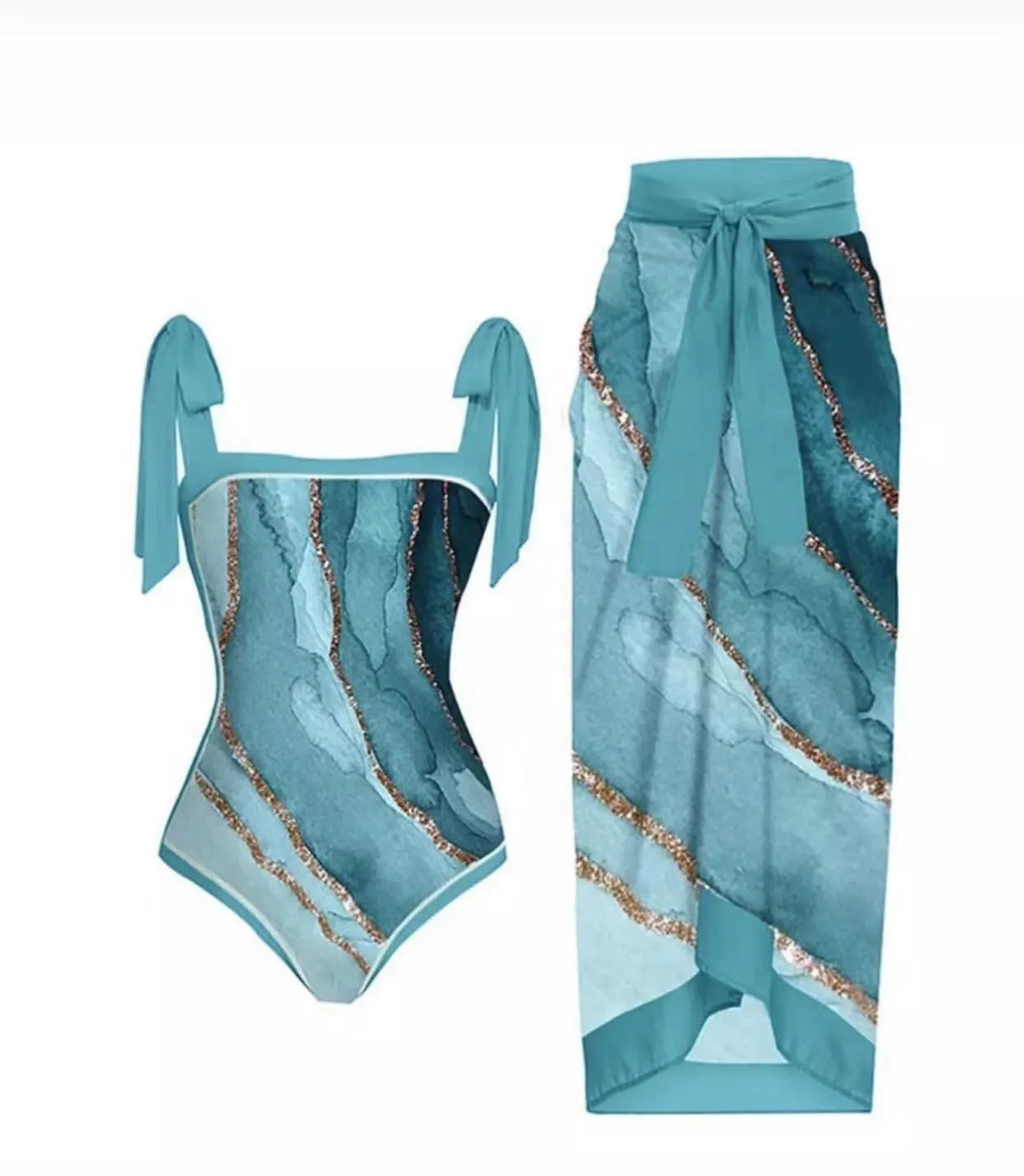 Women's retro one-piece swimsuit with chiffon skirt in floral pattern