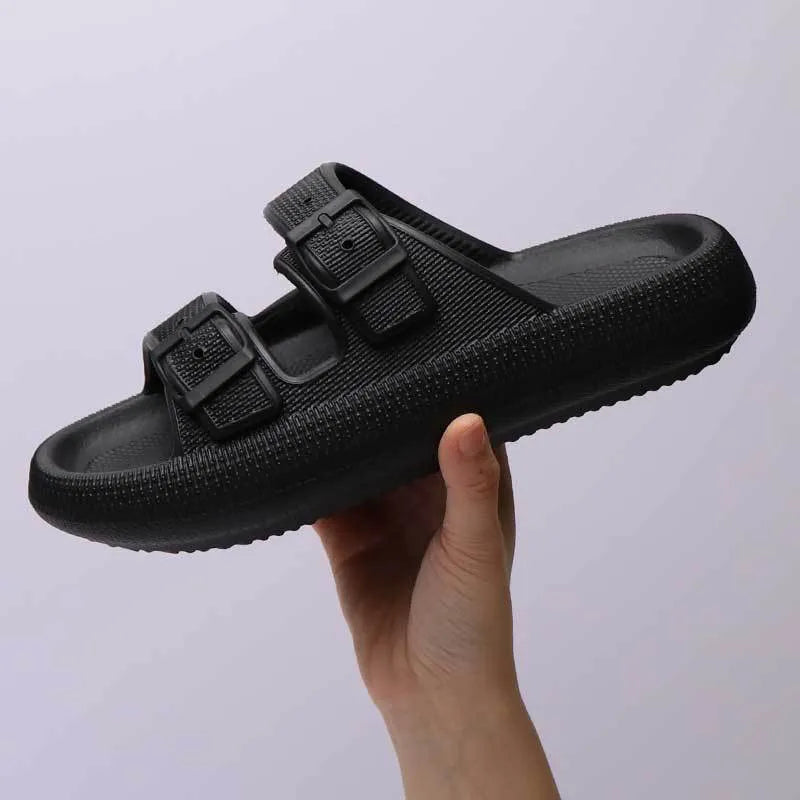 Women's summer platform slippers with buckle fastening, EVA sole, in black colour, side view