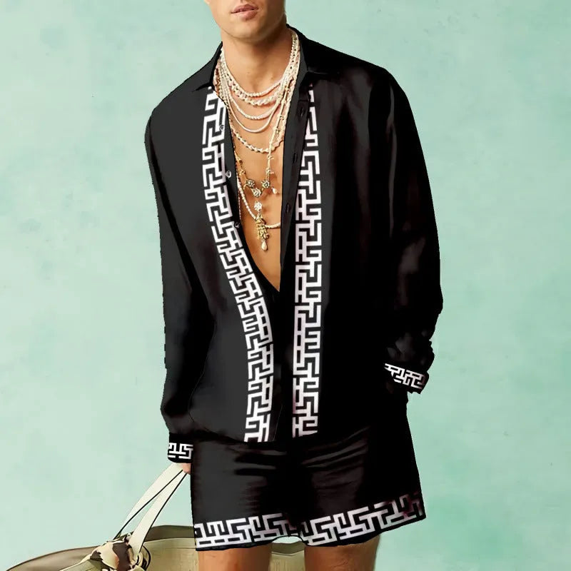 Men's slim fit polyester shirt and shorts set in a summer colour on a hanger