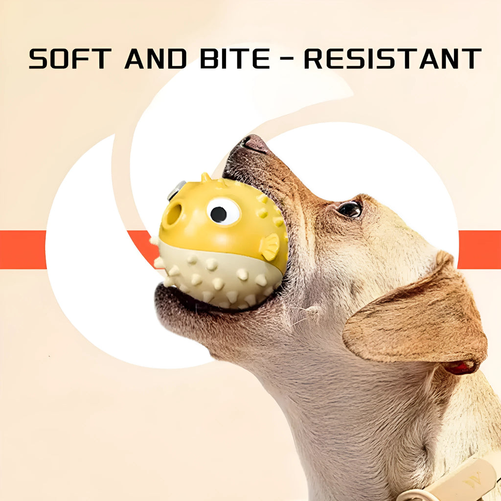 Yellow fish-shaped dog chew toy with textured surface for teeth cleaning
