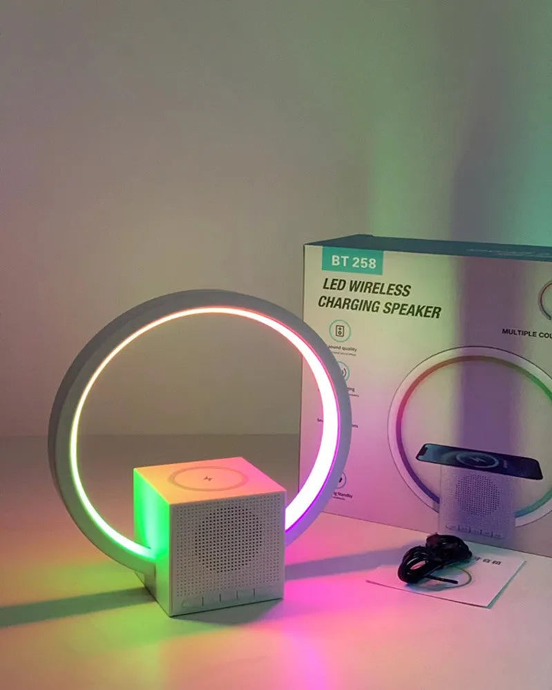White smart ambience light Bluetooth speaker wireless charger with USB power and card insertion slot