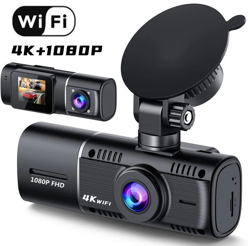 Black dual-channel car dash camera with 1.5-inch screen for front and rear recording.