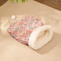 Flannel cat sleeping bag nest with PP cotton filling, shown in pink Trojan design.