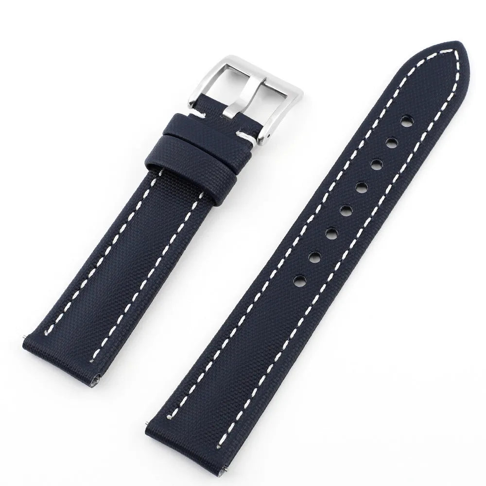 Oxford water-repellent cloth leather watch strap in beige with stitch detail on white background