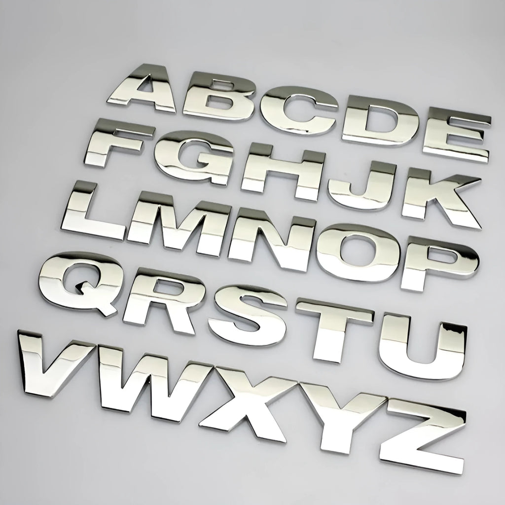 3D metal car bumper letter sticker in zinc alloy measuring 2.5cm
