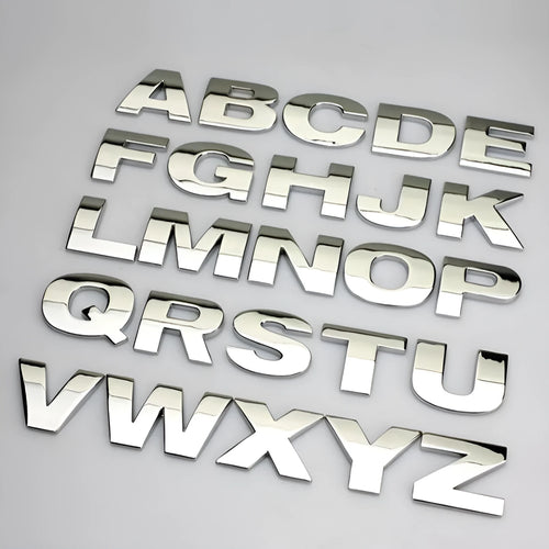 3D metal car bumper letter sticker in zinc alloy measuring 2.5cm