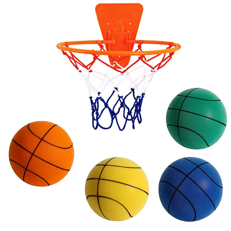 Silent high-density foam basketball in assorted bright colours showing bounce height and size comparison