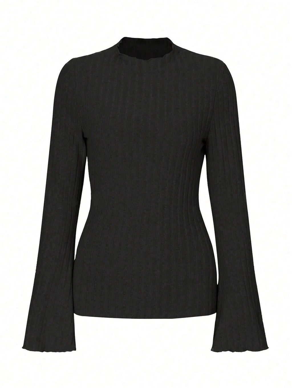 Man wearing black brushed polyester slim fit long sleeve top with sunken stripe design and round neck