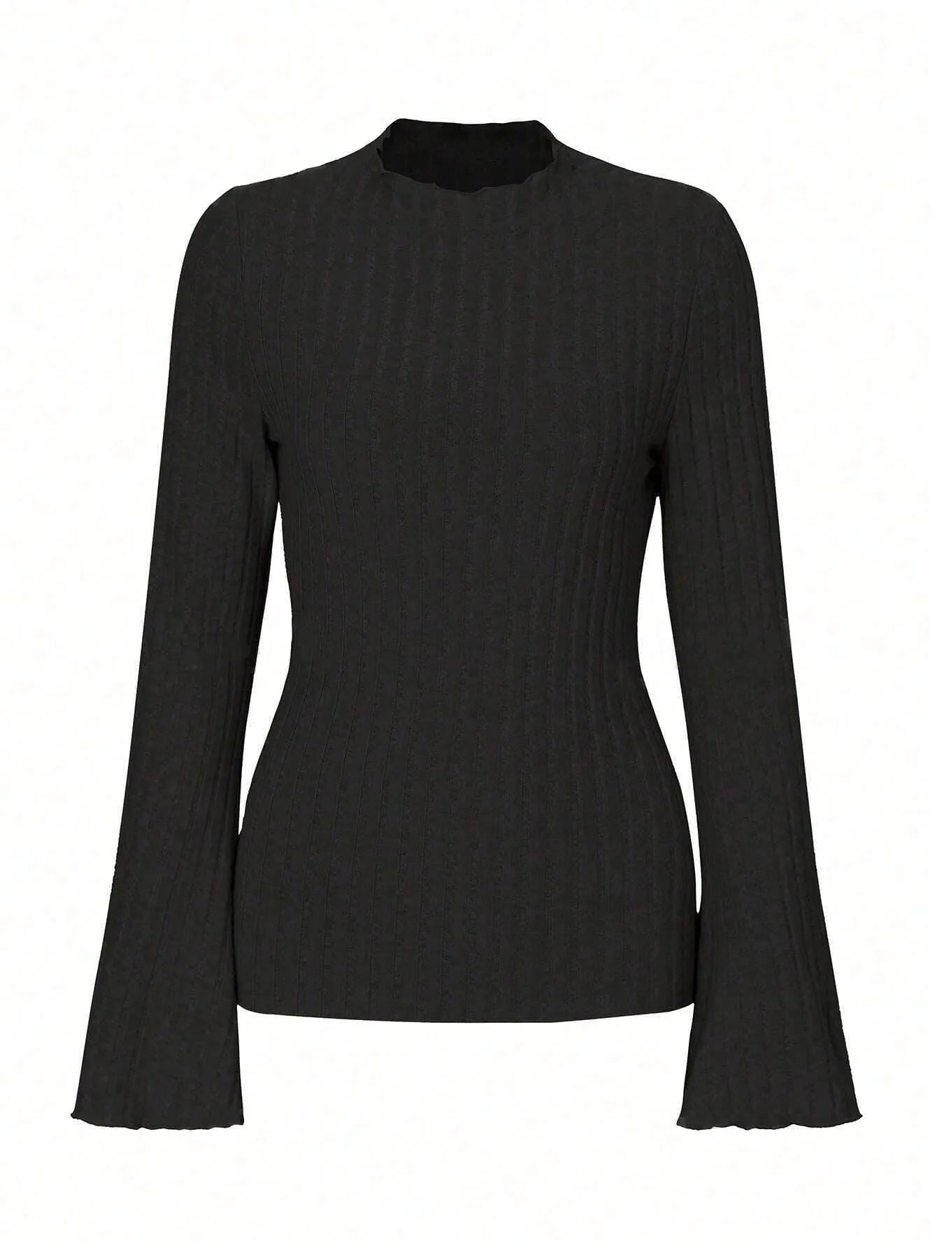 Man wearing black brushed polyester slim fit long sleeve top with sunken stripe design and round neck