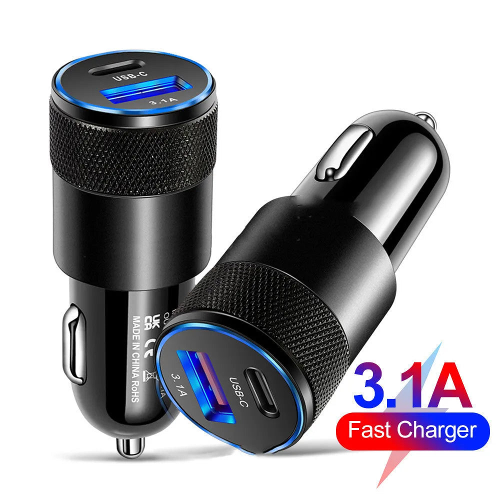 Compact aluminium alloy mobile phone car charger for 12V vehicles with black or black silver finish