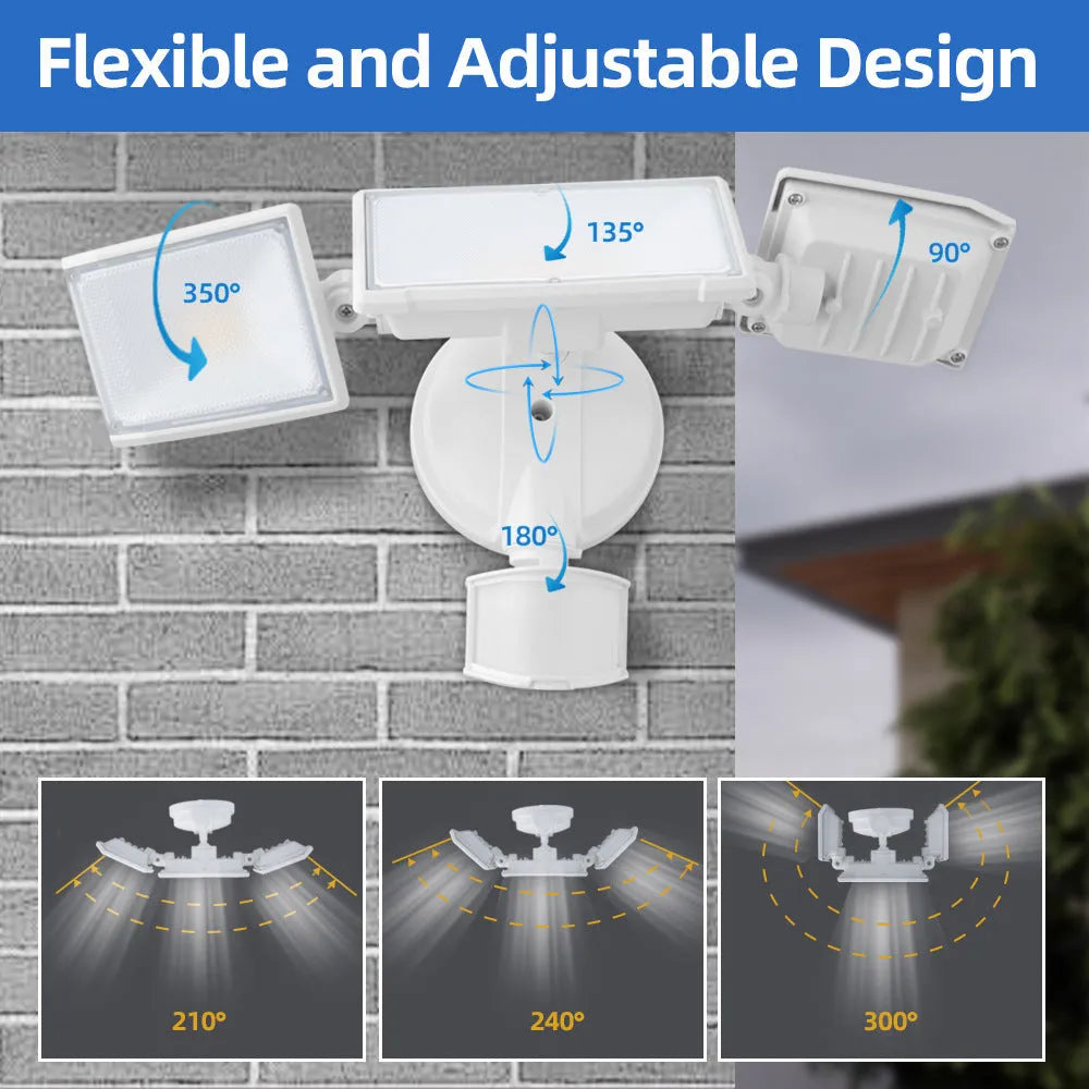 White and black LED security flood light with motion sensor for outdoor wall mounting