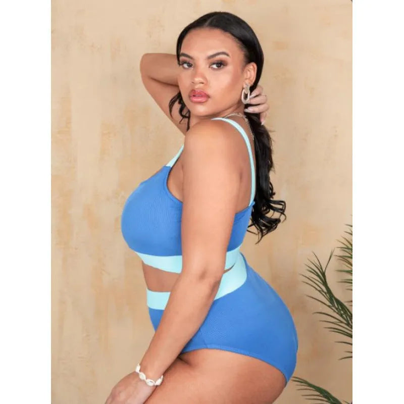 Women's high-waist bikini set in pure colour with split-side design and detailed stitching