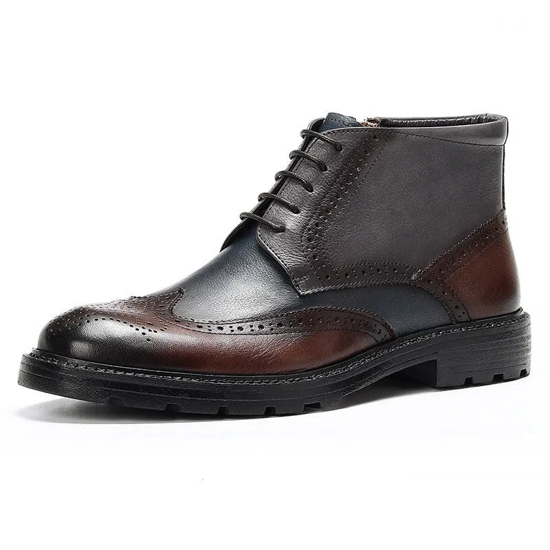 Coffee blue men's leather brogue ankle boots with decorative stitching and front laces.